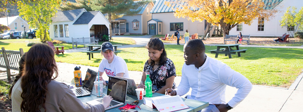 A group of diverse students working online in the quad at the Vermont Law and Graduate School Campus