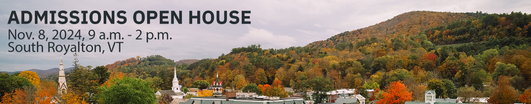 Fall at Vermont Law and Graduate School, overlayed with black text saying "Admissions Open House, Nov. 8, 2024, 9a.m.-2p.m., South Royalton, VT"