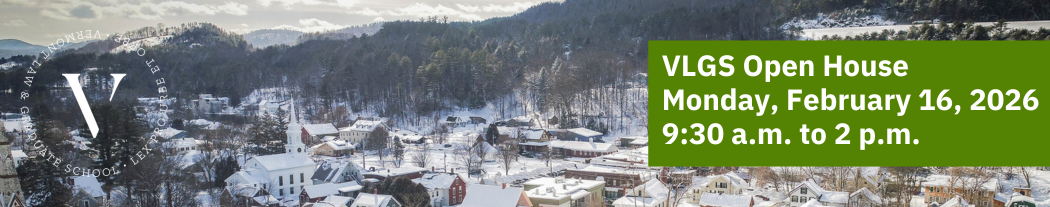 Winter Scene of South Royalton, with a medallion logo V on the left.  There is a cutout in green that says "VLGS Open House, Monday, February, 16, 2026, 9:30 a.m. to 2 p.m."